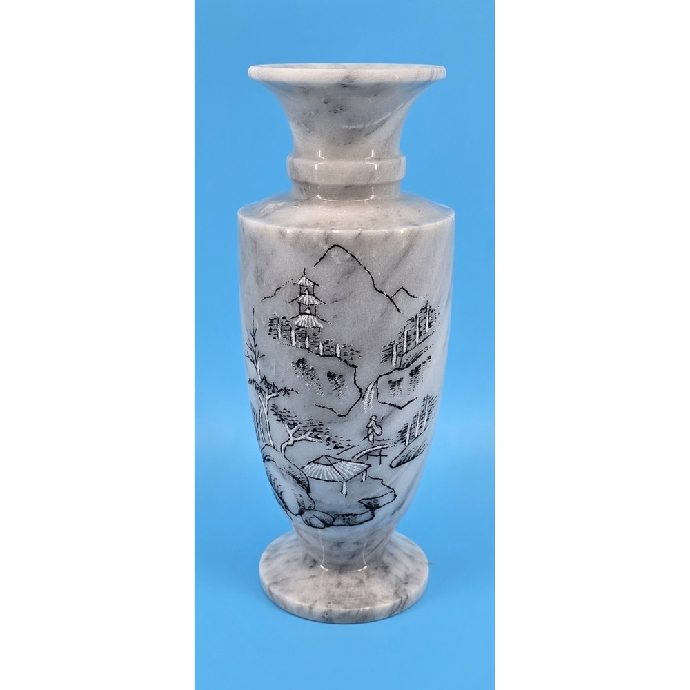 Vintage Asian Vase Gray White Marble Carved Etched 10" Painted Landscape‎
